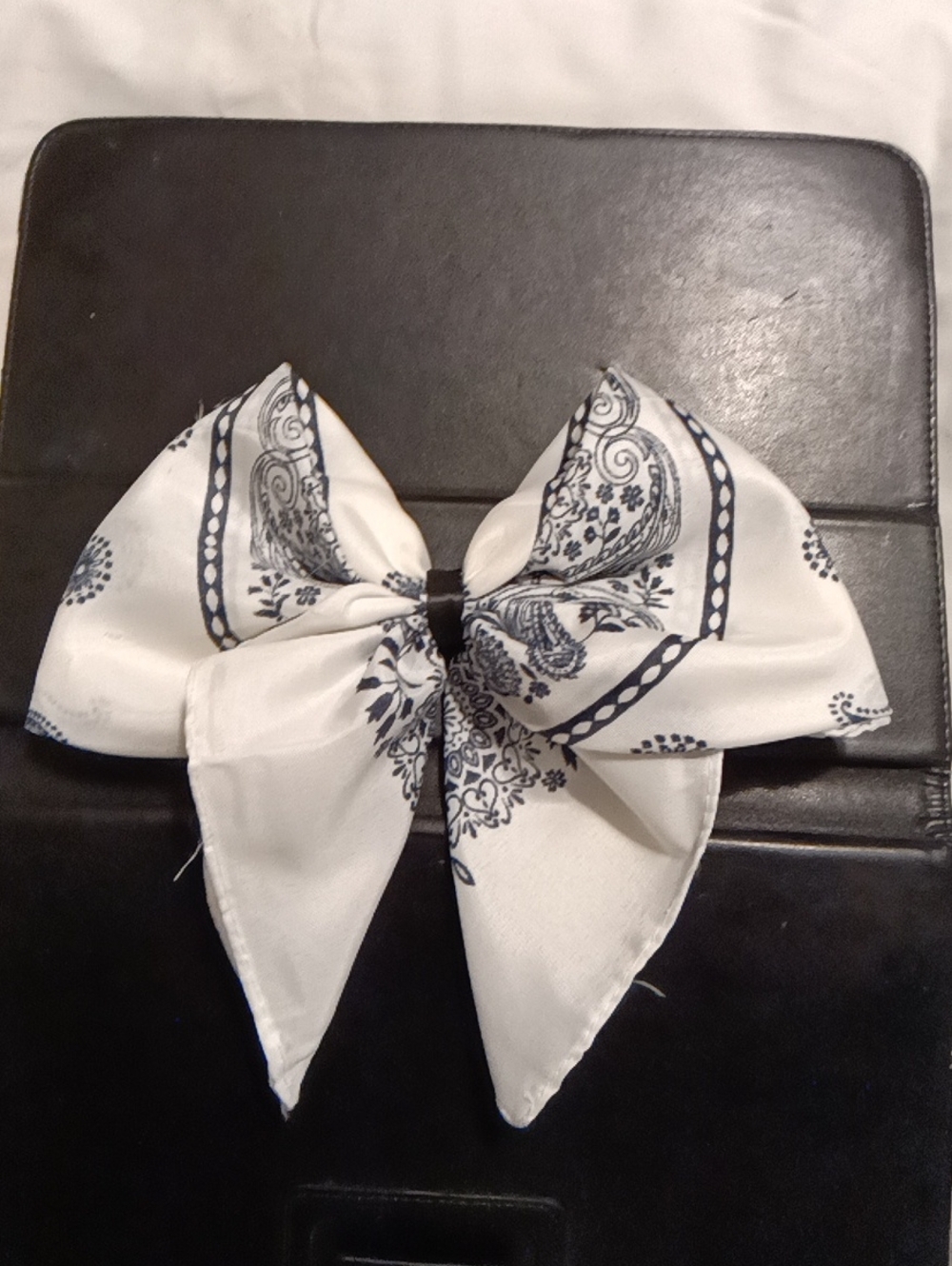White and Navy Bandana Bow Hair Clip